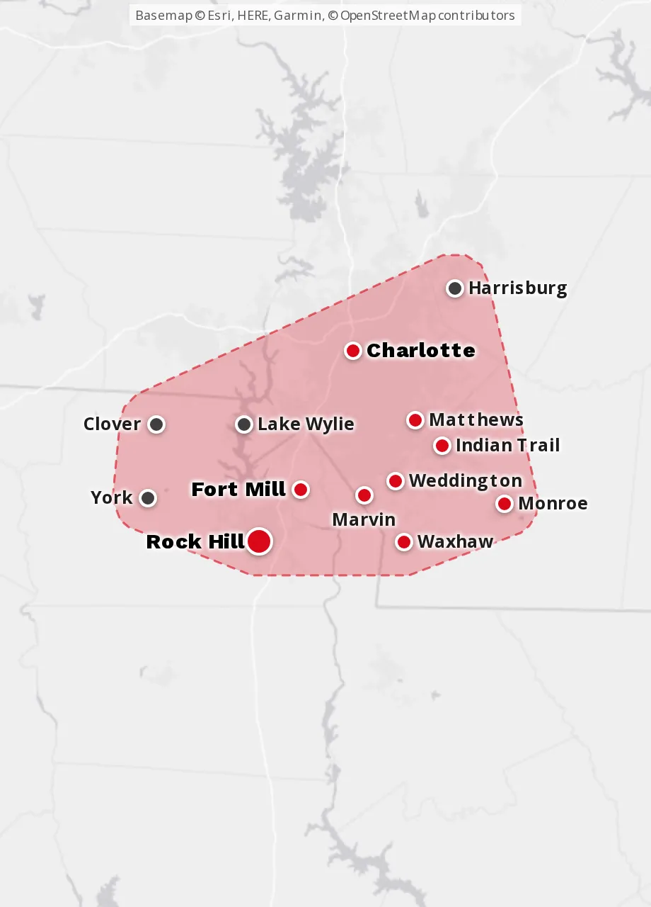 Map of the J&E Electric service area, from Rock Hill and Fort Mill up through Charlotte to Harrisburg, and east to Matthews, Monroe and Waxhaw